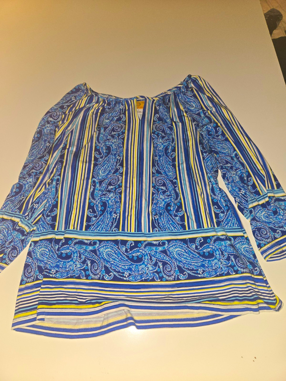 Ruby Rd Women’s Large Blue Paisley Striped 3/4 Sleeve Tunic Blouse Boho Top